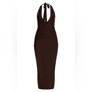PrettyLittleThing Chocolate Halter Plunge Dress